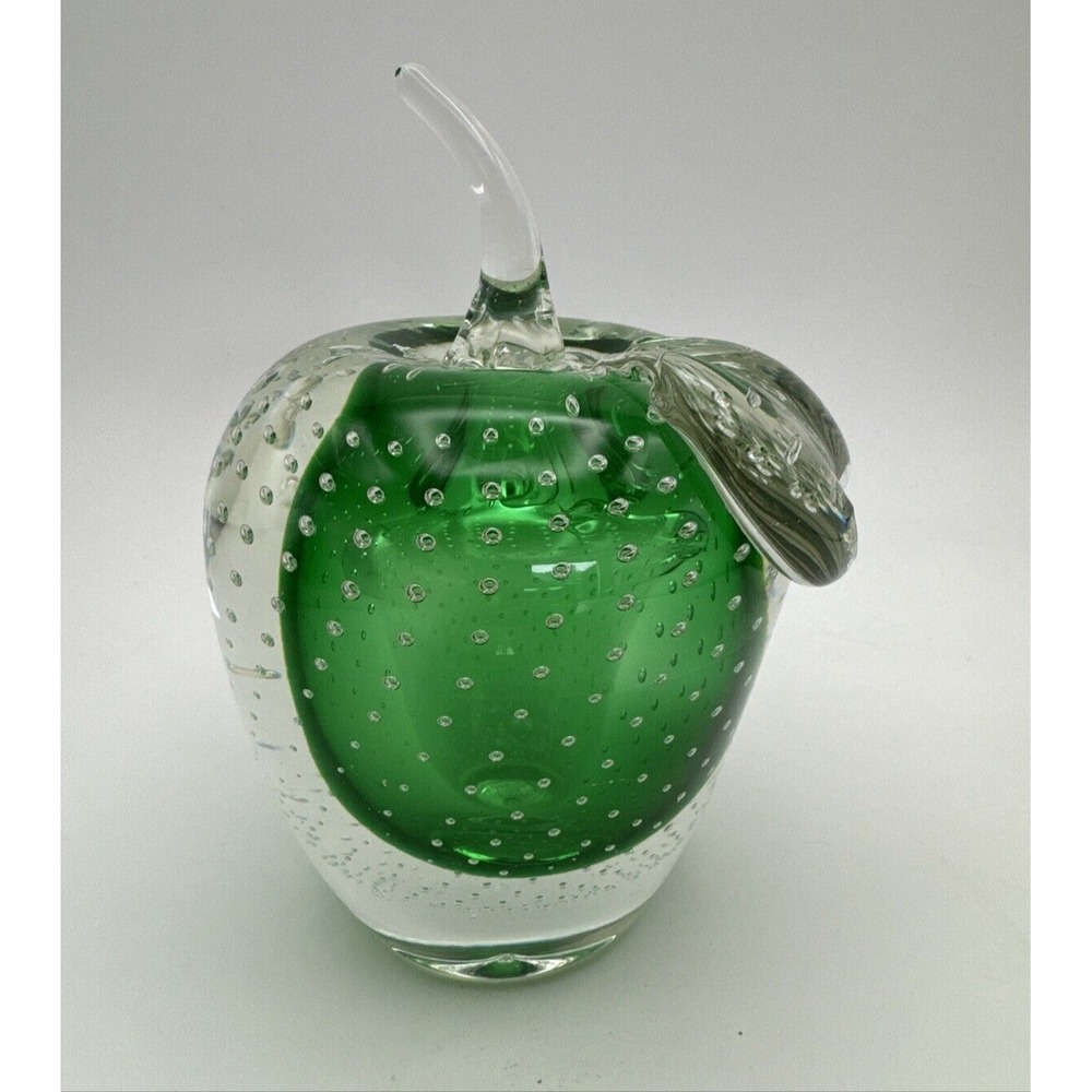 Vintage Emerald Green Controlled Bubbles Paperweight Apple